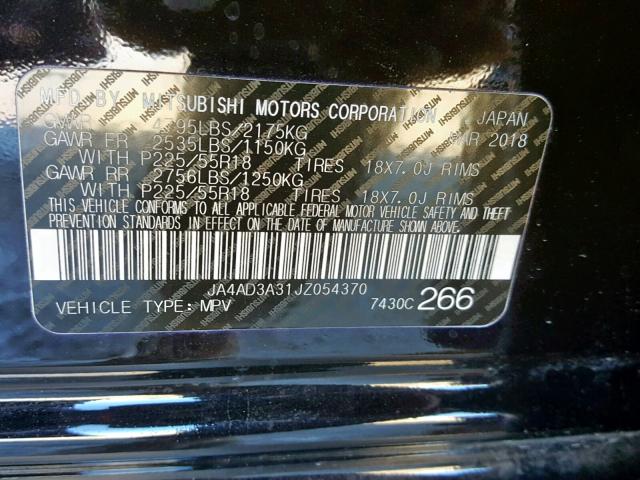 JA4AD3A31JZ054370 - 2018 MITSUBISHI OUTLANDER BLACK photo 10