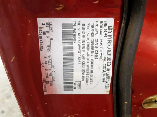 2FAFP73W9YX115956 - 2000 FORD CROWN VICT RED photo 10