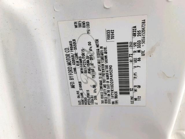 1FTYR10D25PA95290 - 2005 FORD RANGER WHITE photo 10