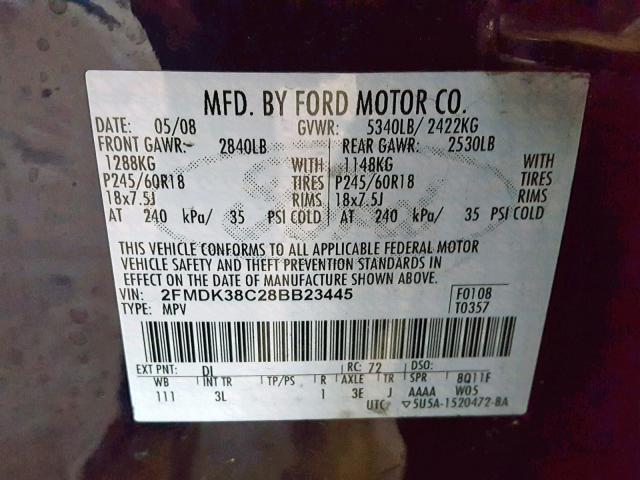 2FMDK38C28BB23445 - 2008 FORD EDGE SEL BLUE photo 10