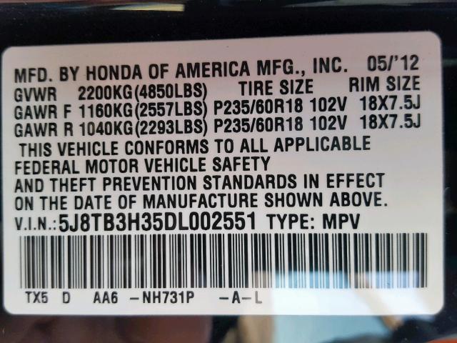 5J8TB3H35DL002551 - 2013 ACURA RDX BASE BLACK photo 10