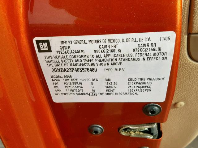 3GNDA23P46S576489 - 2006 CHEVROLET HHR LT ORANGE photo 10