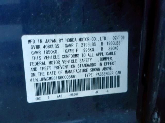 JHMCM56166C005661 - 2006 HONDA ACCORD VAL BLUE photo 10