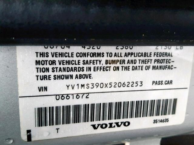 YV1MS390X52062253 - 2005 VOLVO S40 2.4I SILVER photo 10