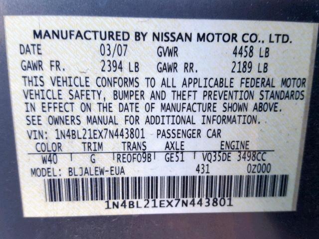 1N4BL21EX7N443801 - 2007 NISSAN ALTIMA 3.5 GRAY photo 10