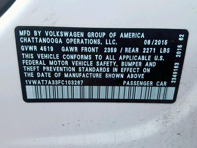 1VWAT7A33FC103267 - 2015 VOLKSWAGEN PASSAT S WHITE photo 10