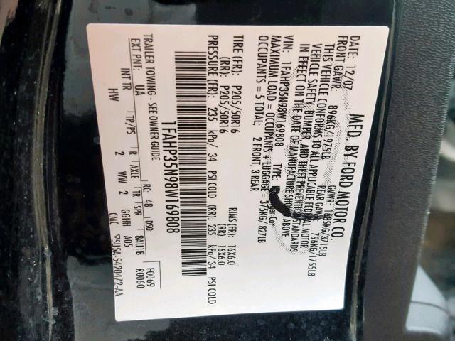 1FAHP35N98W169808 - 2008 FORD FOCUS SE BLACK photo 10