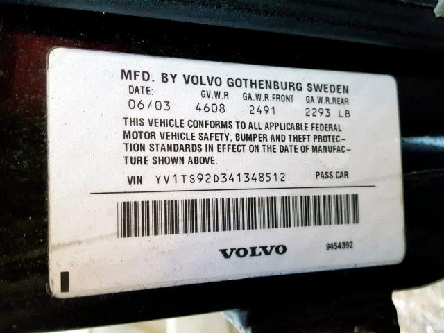 YV1TS92D341348512 - 2004 VOLVO S80 BLACK photo 10