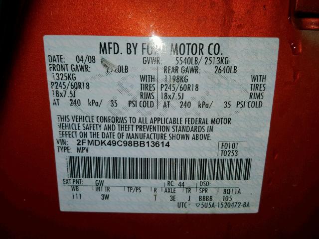 2FMDK49C98BB13614 - 2008 FORD EDGE LIMIT ORANGE photo 10