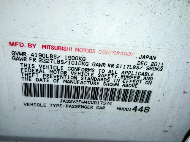 JA32V2FW4CU017574 - 2012 MITSUBISHI LANCER SE WHITE photo 10