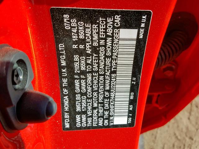 SHHFK7H48JU232416 - 2018 HONDA CIVIC SPOR RED photo 10