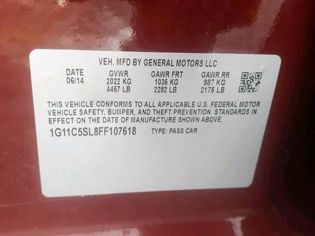 1G11C5SL8FF107618 - 2015 CHEVROLET MALIBU 1LT BURGUNDY photo 10