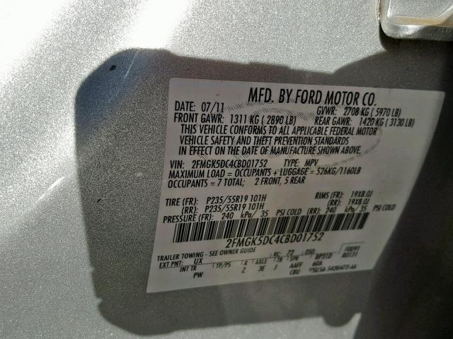 2FMGK5DC4CBD01752 - 2012 FORD FLEX LIMIT SILVER photo 10