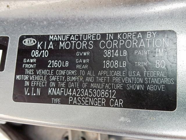 KNAFU4A23A5308612 - 2010 KIA FORTE EX GRAY photo 10