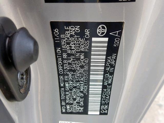 JTKDE177370188740 - 2007 TOYOTA SCION TC ვერცხლისფერი ფოტო 10