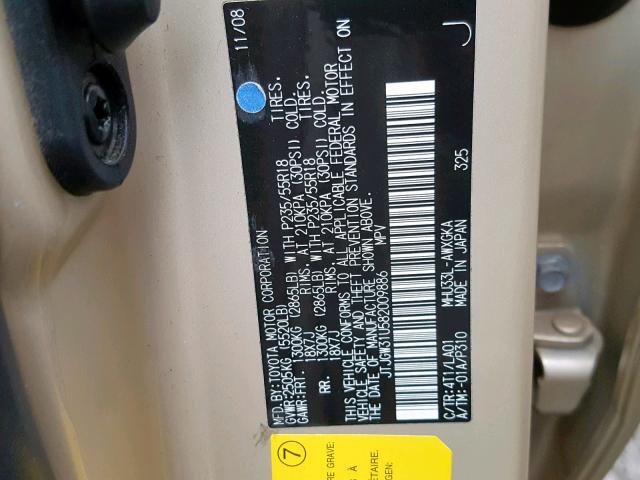 JTJGW31U582009886 - 2008 LEXUS RX 400H GOLD photo 10