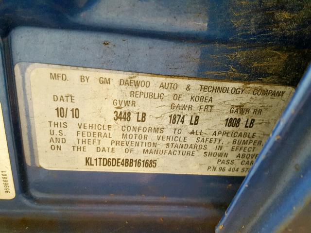 KL1TD6DE4BB161685 - 2011 CHEVROLET AVEO LS BLUE photo 10