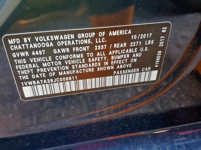 1VWBA7A38JC009811 - 2018 VOLKSWAGEN PASSAT SE BLUE photo 10