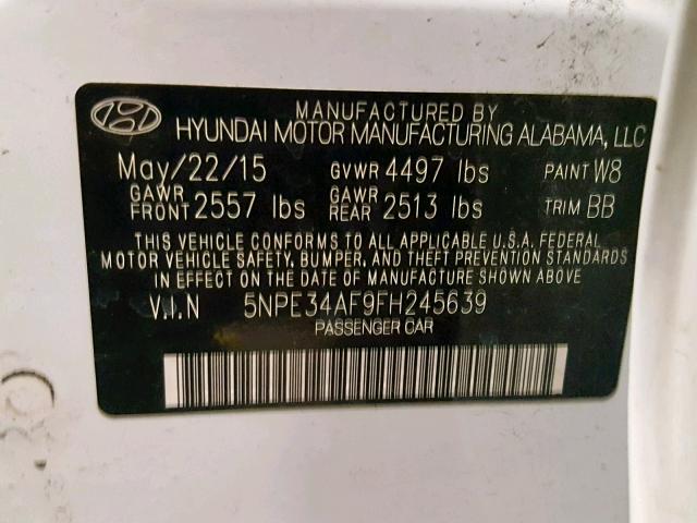 5NPE34AF9FH245639 - 2015 HYUNDAI SONATA SPO WHITE photo 10