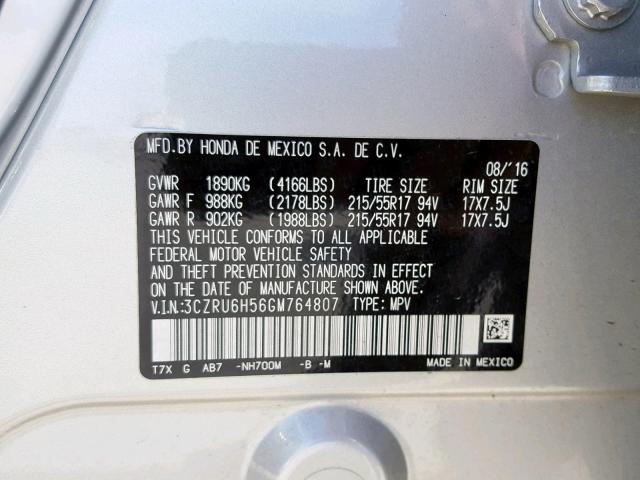 3CZRU6H56GM764807 - 2016 HONDA HR-V EX SILVER photo 10