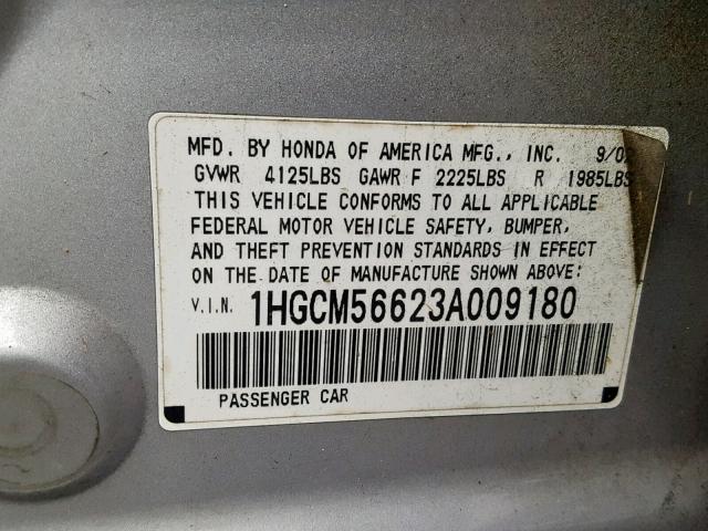 1HGCM56623A009180 - 2003 HONDA ACCORD EX SILVER photo 10