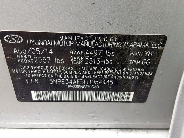 5NPE34AF5FH054445 - 2015 HYUNDAI SONATA SPO SILVER photo 10