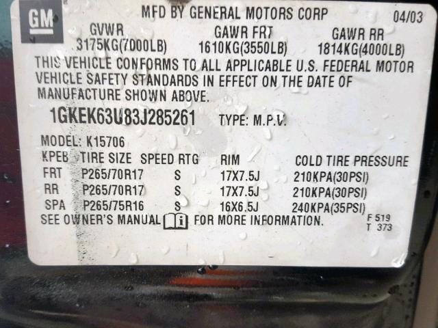 1GKEK63U83J285261 - 2003 GMC YUKON DENA BLACK photo 10