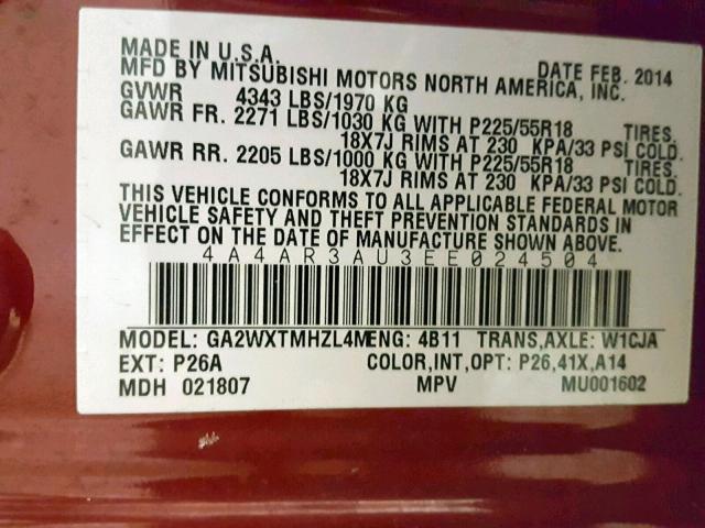 4A4AR3AU3EE024504 - 2014 MITSUBISHI OUTLANDER MAROON photo 10