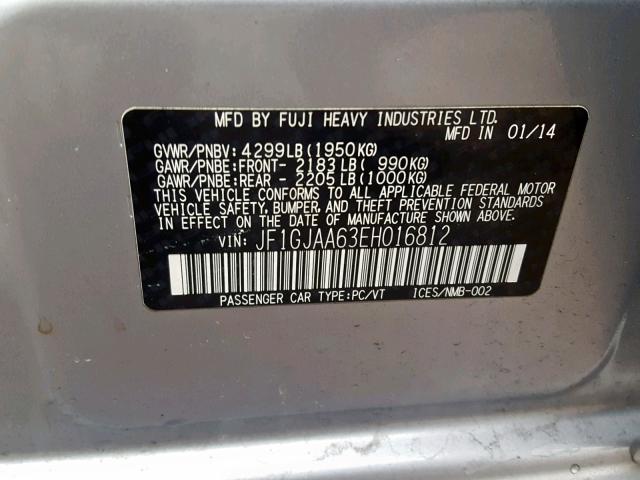 JF1GJAA63EH016812 - 2014 SUBARU IMPREZA BA SILVER photo 10