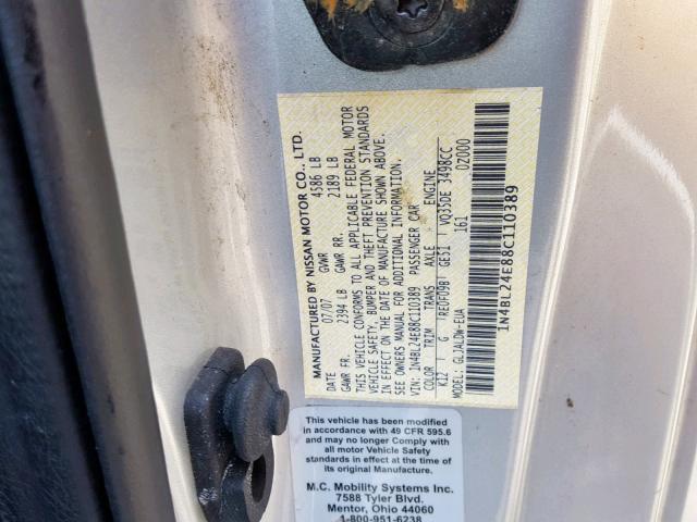 1N4BL24E88C110389 - 2008 NISSAN ALTIMA 3.5 GRAY photo 10