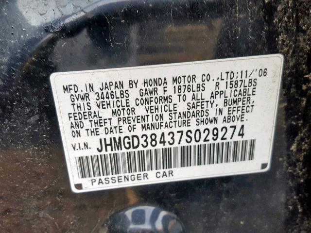 JHMGD38437S029274 - 2007 HONDA FIT BLACK photo 10