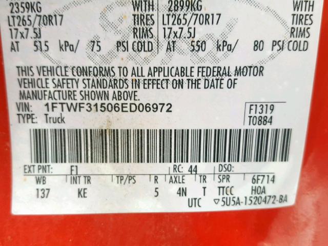 1FTWF31506ED06972 - 2006 FORD F350 SRW S RED photo 10