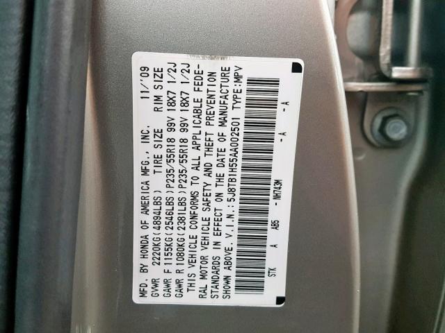 5J8TB1H55AA002501 - 2010 ACURA RDX TECHNO SILVER photo 10