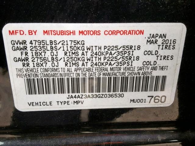 JA4AZ3A33GZ036530 - 2016 MITSUBISHI OUTLANDER BLACK photo 10