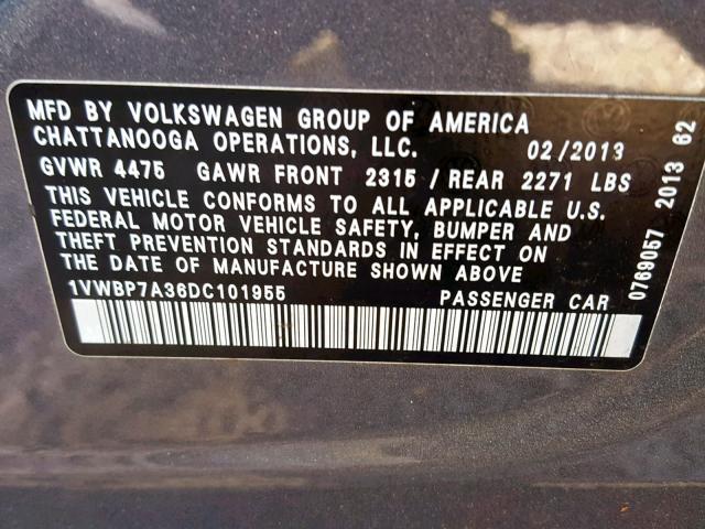 1VWBP7A36DC101955 - 2013 VOLKSWAGEN PASSAT SE GRAY photo 10