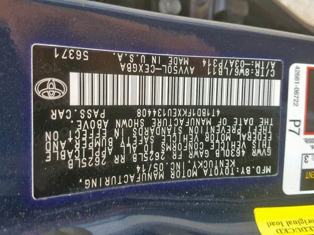 4T1BD1FKXEU134408 - 2014 TOYOTA CAMRY HYBR BLUE photo 10