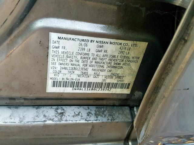 1N4BL11E86C239342 - 2006 NISSAN ALTIMA SE GRAY photo 10