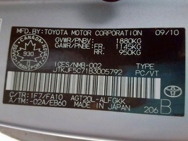 JTKJF5C71B3005792 - 2011 TOYOTA SCION TC Gümüş foto 10