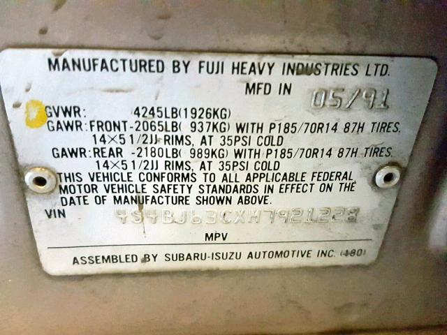 4S4BJ63CXM7921228 - 1991 SUBARU LEGACY L TAN photo 10