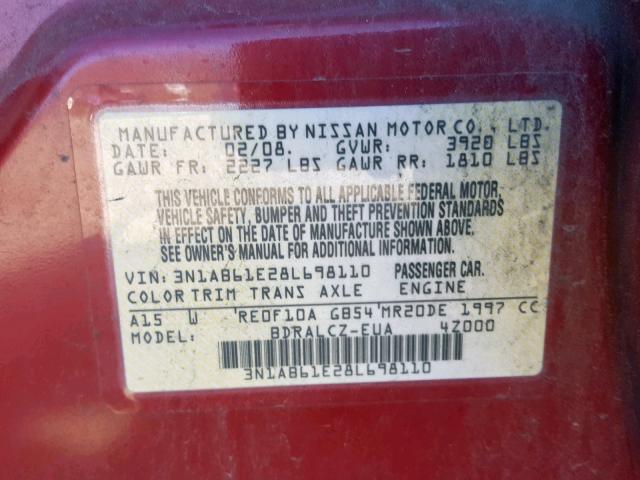 3N1AB61E28L698110 - 2008 NISSAN SENTRA 2.0 BURGUNDY photo 10