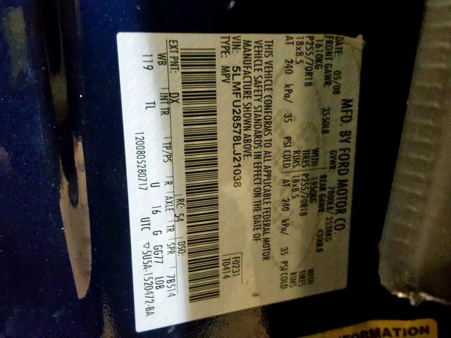 5LMFU28578LJ21038 - 2008 LINCOLN NAVIGATOR BLUE photo 10