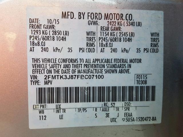 2FMTK3J87FBC07100 - 2015 FORD EDGE SEL SILVER photo 10