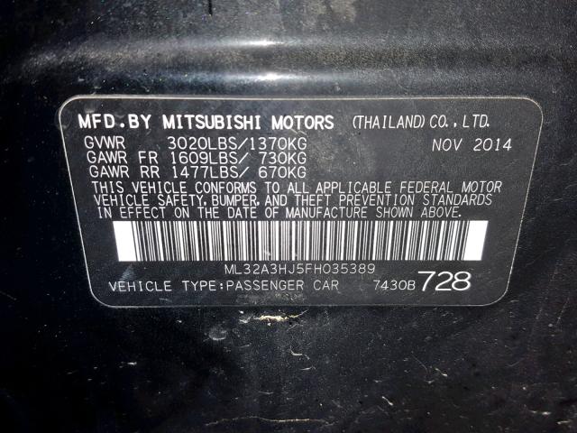 ML32A3HJ5FH035389 - 2015 MITSUBISHI MIRAGE DE BLACK photo 10