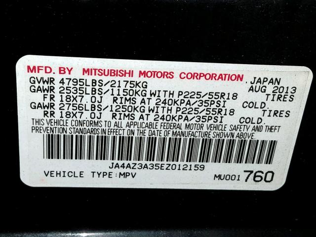 JA4AZ3A35EZ012159 - 2014 MITSUBISHI OUTLANDER BLACK photo 10