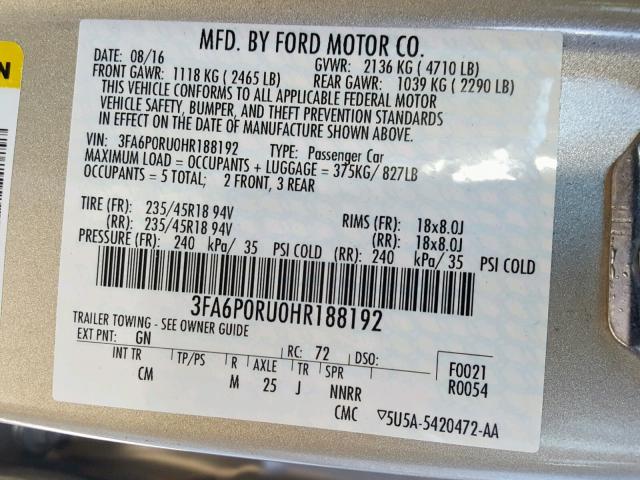 3FA6P0RU0HR188192 - 2017 FORD FUSION TIT GOLD photo 10