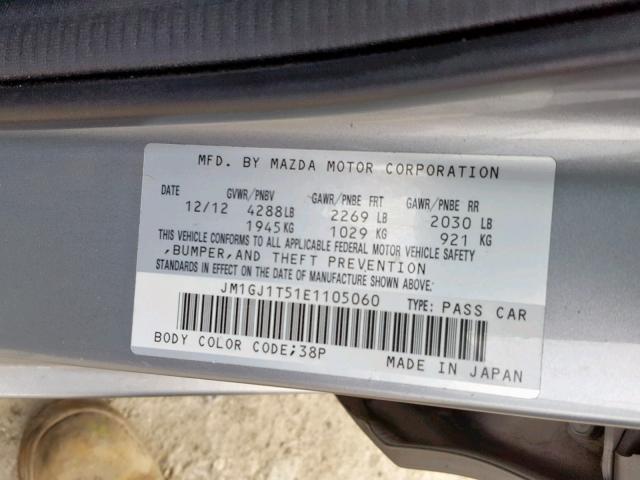 JM1GJ1T51E1105060 - 2014 MAZDA 6 TOURING SILVER photo 10