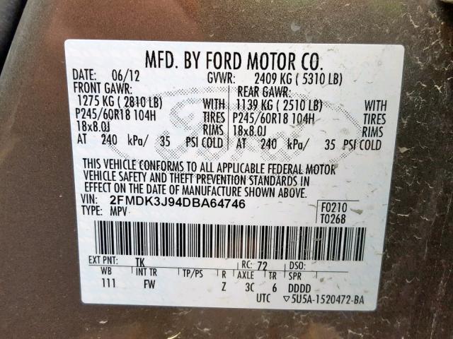 2FMDK3J94DBA64746 - 2013 FORD EDGE SEL BROWN photo 10