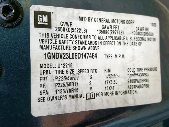 1GNDV23L06D147464 - 2006 CHEVROLET UPLANDER L Mavi foto 10