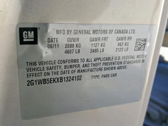 2G1WB5EKXB1324102 - 2011 CHEVROLET IMPALA LT TAN photo 10