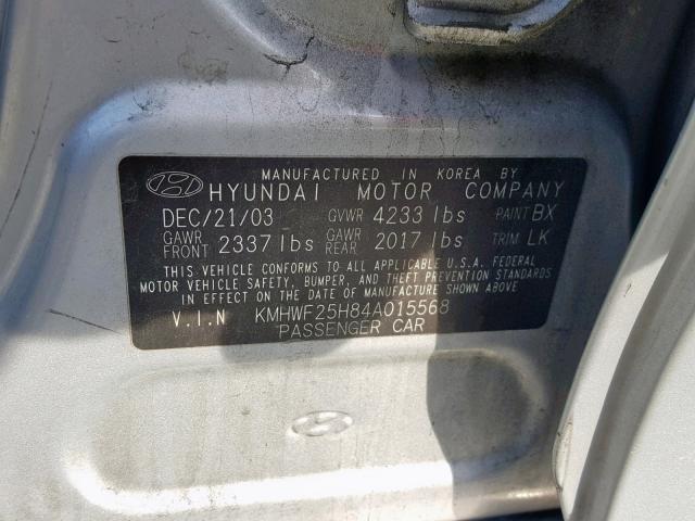 KMHWF25H84A015568 - 2004 HYUNDAI SONATA GL SILVER photo 10